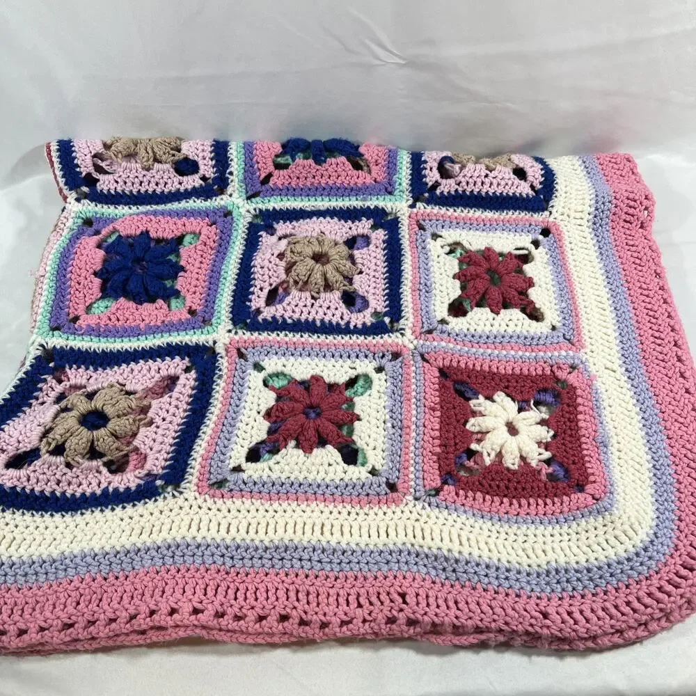Vintage Granny Square Afghan Blanket Pink Mint Purple Mauve Blue Loose Knit